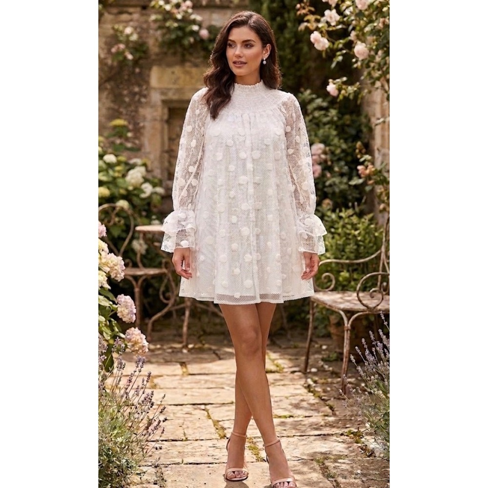 Gracia White Mesh 3D Polka Dot Smocked Mini Dress Long Ruffle Sleeve D22262 L